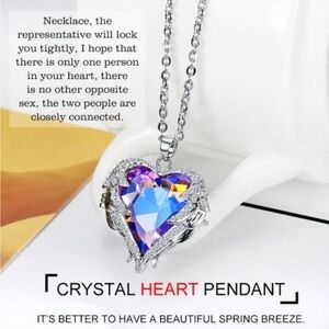 Purple Crystal Heart Wrapped in White Gold Plated  Angel Wings